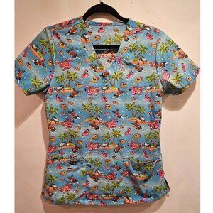 GT Performance Scrub Top Sz S Blue Pink Beach Christmas Women's XS